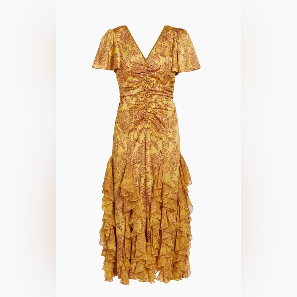 Cinq à Sept Olympia Yellow Paisley Ruffle Midi-Dress Size 4